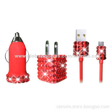 Colourful 3-in-1 Bling Car Charger and Micro USB for Smartphone